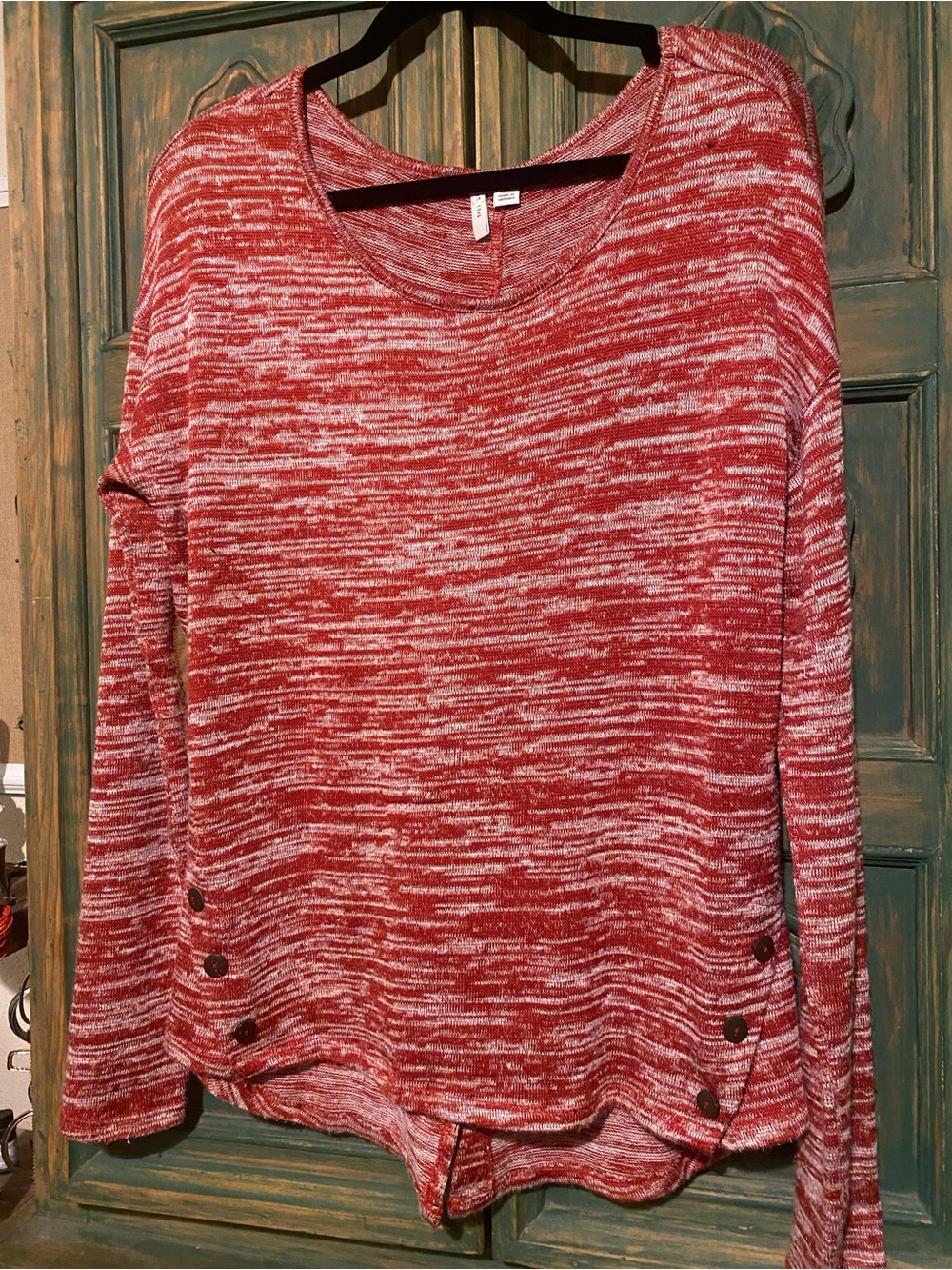 Cozy Rust Red and Cream Marled Scoop-Neck Knit Top with Button Detail - Women
